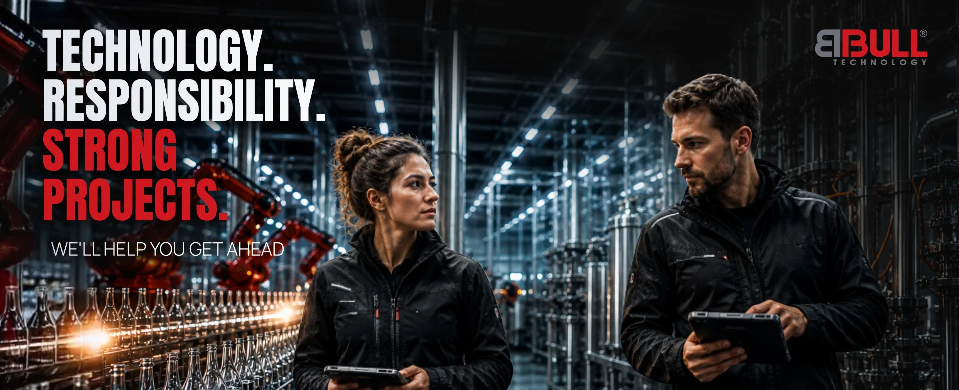 Recruiting banner by BBULL Technology: Two technicians holding tablets stand in a modern industrial bottling facility. The text promotes job openings for electrical engineering/mechatronics technicians at the Siegen location.